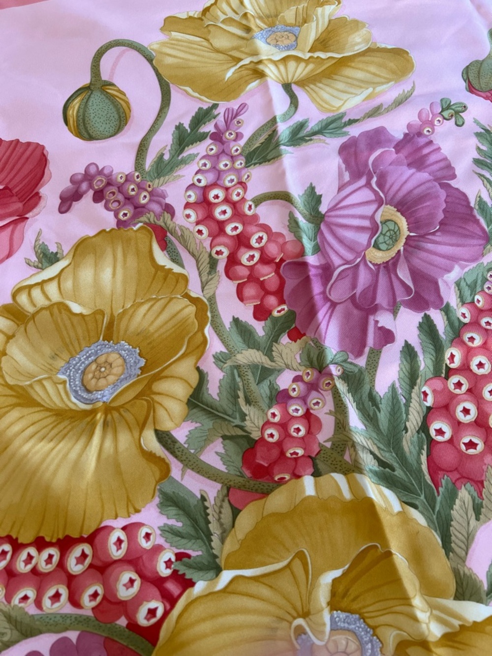 Salvatore Ferragamo Pink Floral Silk Scarf with Yellow and Red Blossoms - Picture 6 of 11